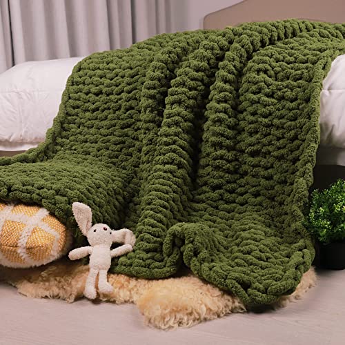 Carriediosa Carriediosa Chunky Knit Throw Blanket 60 X 80 Twin 100 Hand Made Large Chenille Loop Yarn Soft Fluffy Throws for Couch Sofa Bed Big Crochet Cozy Heavy Thick Cable Woven Blankets Olive Green 