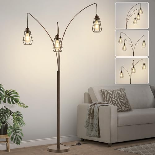 Boncoo Industrial Floor Lamp, 3 Light Arc Floor Lamps for Living Room, 76 Inch Tall Standing Lamp with Metal Cage Shades & Foot Switch, Vintage Floor Lamp for Bedroom, Office, Corner, Bronze - Image 1