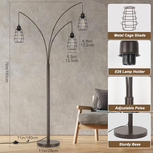 Boncoo Industrial Floor Lamp, 3 Light Arc Floor Lamps for Living Room, 76 Inch Tall Standing Lamp with Metal Cage Shades & Foot Switch, Vintage Floor Lamp for Bedroom, Office, Corner, Bronze - Image 2