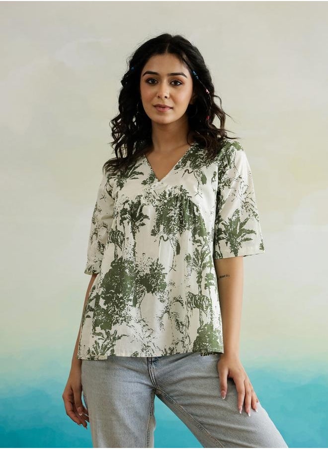 sanskrutihomes - All-Over Print V-Neck Cotton Top by Styli - Image 1