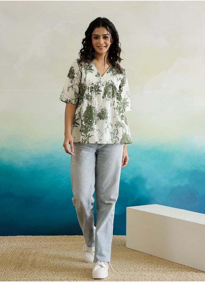 sanskrutihomes - All-Over Print V-Neck Cotton Top by Styli - Image 1