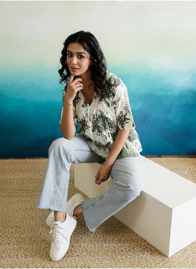 sanskrutihomes - All-Over Print V-Neck Cotton Top by Styli - Image 1