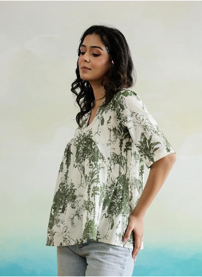 sanskrutihomes - All-Over Print V-Neck Cotton Top by Styli - Image 1