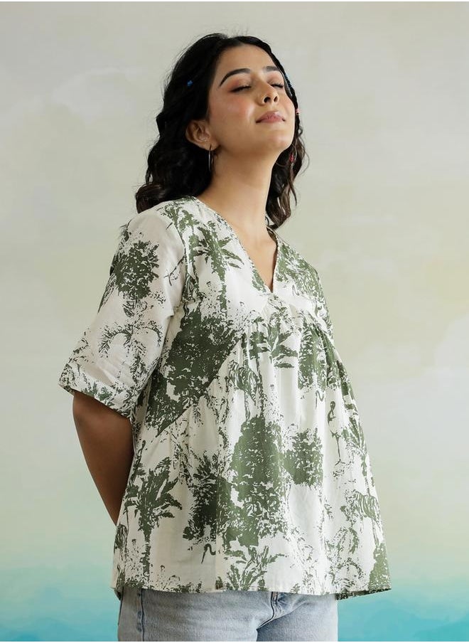 sanskrutihomes - All-Over Print V-Neck Cotton Top by Styli - Image 1