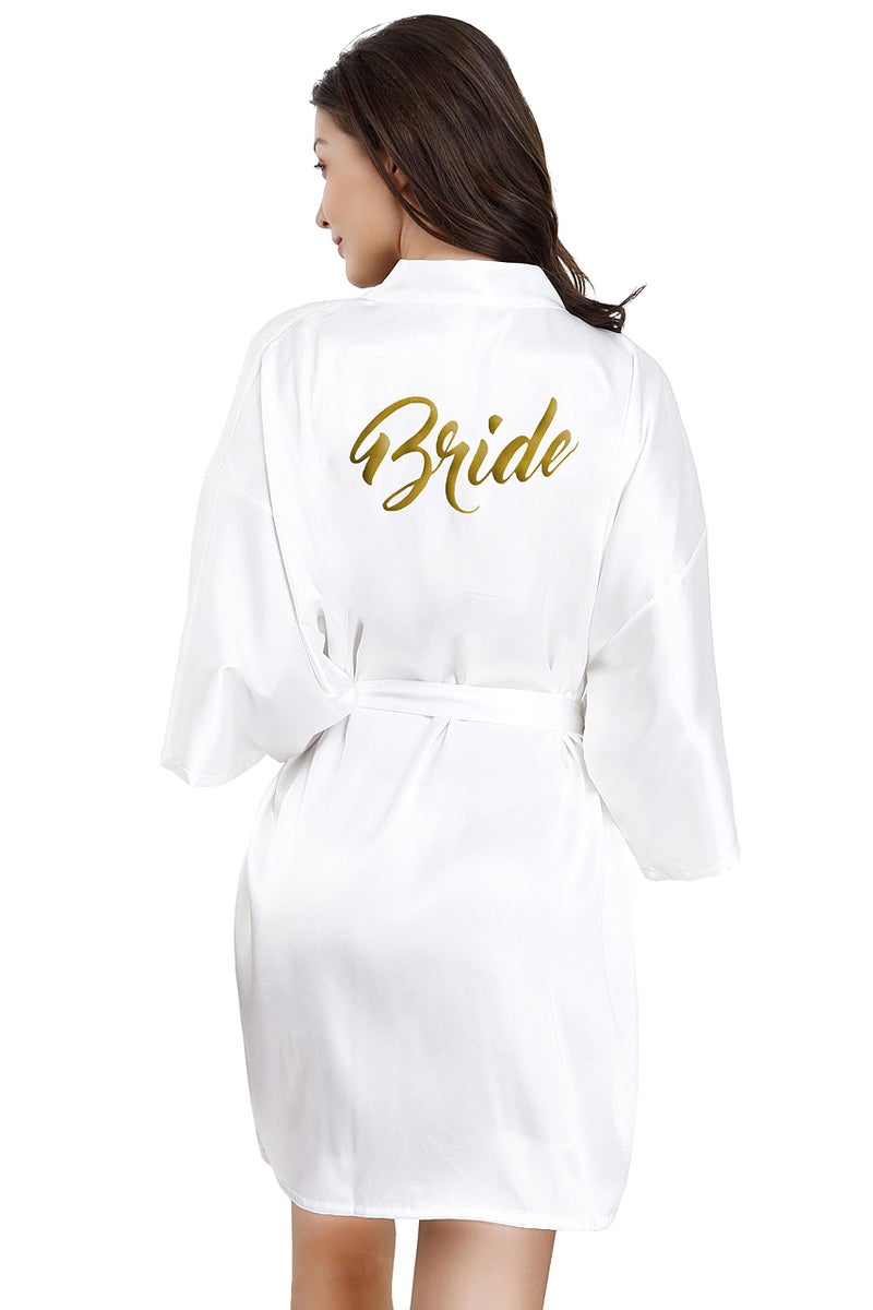 EPLAZA Bride Bridesmaid Robes for Wedding Bridal Party Women Short Solid Color Silky Satin Robe Kimono with Gold Glitters (White, Bride) - Image 1