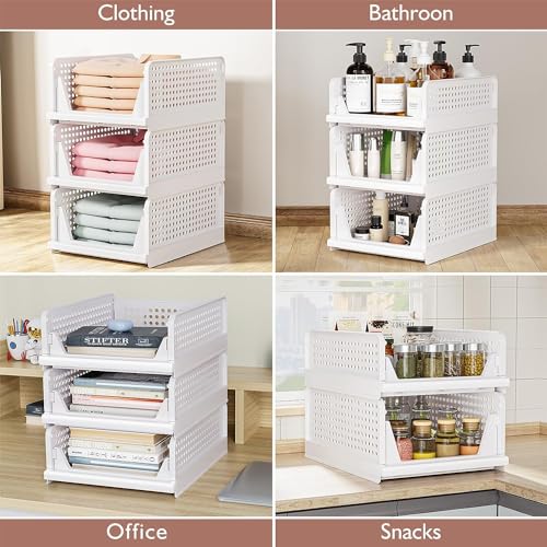 flymore Stackable Plastic Closet Organizer Bins with Front Opening – Foldable Storage Drawers for Clothes, Towels, Toys, Kitchen & Office – Space Saving Shelf Baskets (Set of 4, White) - Image 5