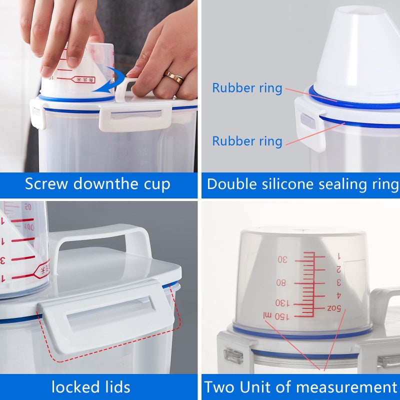 jioko 2 Pcs 5.5 LB Rice Storage Container, Airtight Cereal Flour Dispenser with Pouring Spout & Measuring Cup, Kitchen Plastic Clear Dry Food Storage Bin for Grain Oatmeal Snacks Pet Dog Food - Image 5