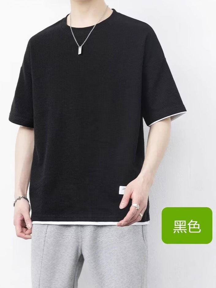 Summer Waffle Short-Sleeve T-Shirt Loose Trendy Fashion Brand Men'S Base Shirt - Image 5