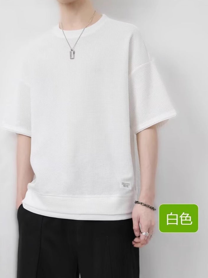 Summer Waffle Short-Sleeve T-Shirt Loose Trendy Fashion Brand Men'S Base Shirt - Image 3