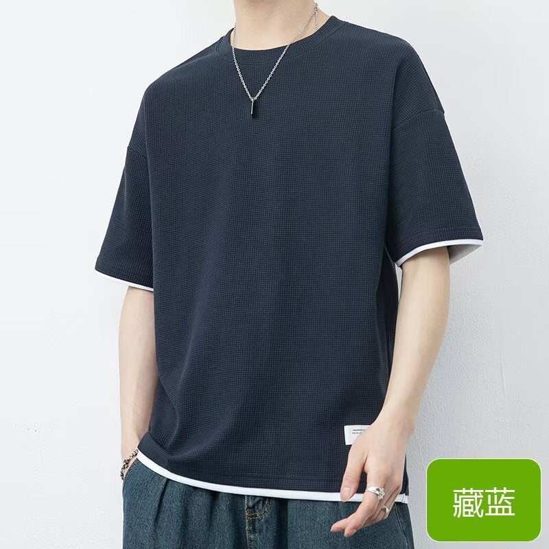 Summer Waffle Short-Sleeve T-Shirt Loose Trendy Fashion Brand Men'S Base Shirt - Image 1