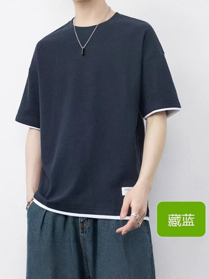 Summer Waffle Short-Sleeve T-Shirt Loose Trendy Fashion Brand Men'S Base Shirt - Image 4