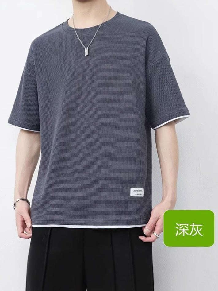 Summer Waffle Short-Sleeve T-Shirt Loose Trendy Fashion Brand Men'S Base Shirt - Image 2