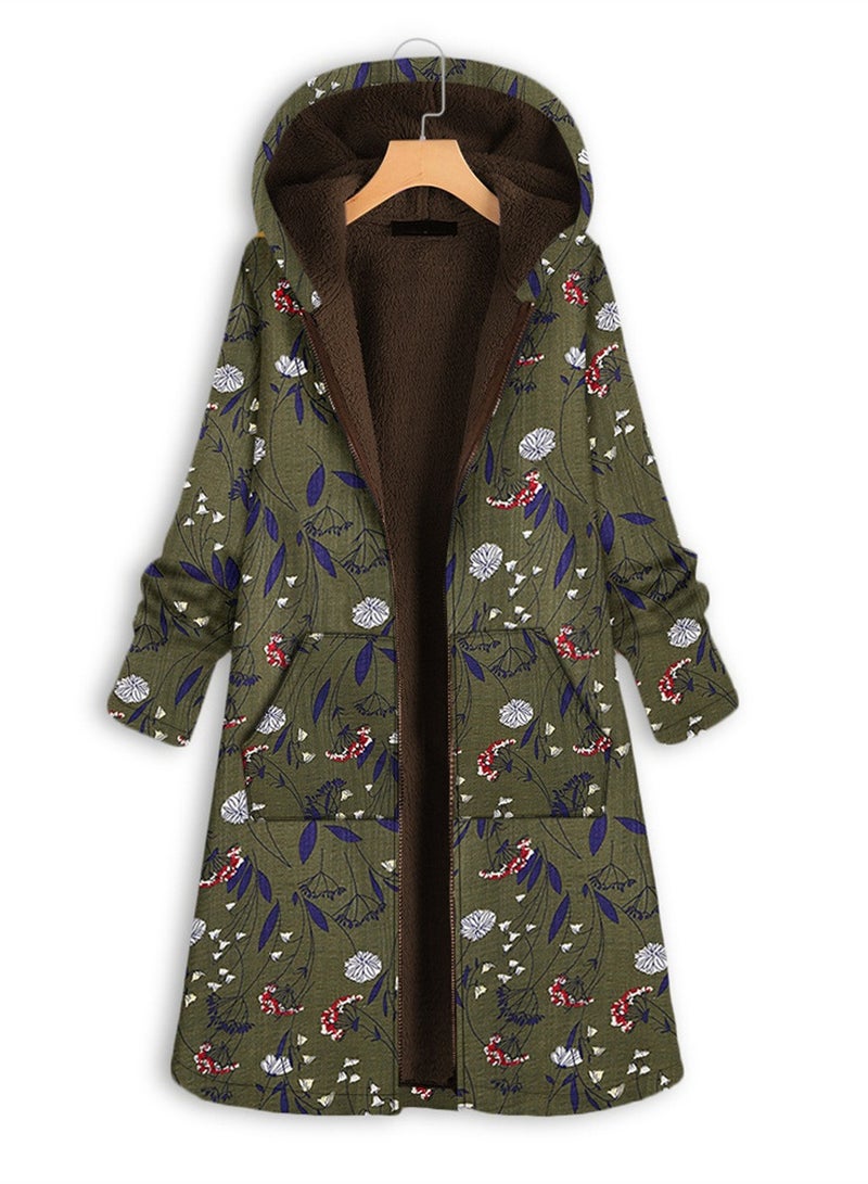 Loquat Autumn And Winter Thick Printed Women's Hooded Slim-Fit Long Warm Coat Green 