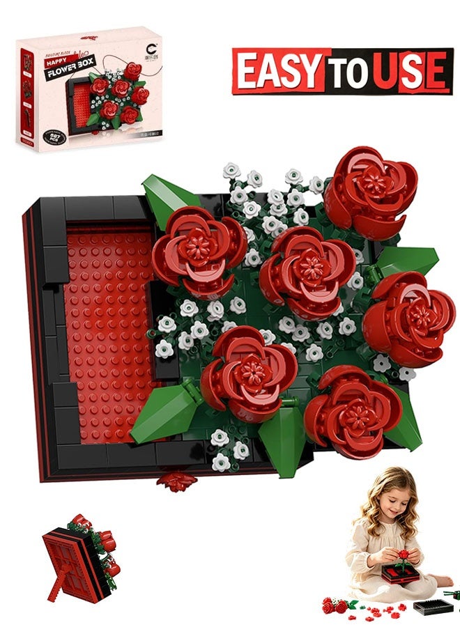 Organizer Flower Building Blocks Jewelry Box Can be Pushed and Pulled to Open Flower Centerpiece Building Blocks，Proposal Ring Box，Valentine's Day Gift Ideas Toys, Gifts,Romantic Whisper (Rose 687Pcs) - Image 1