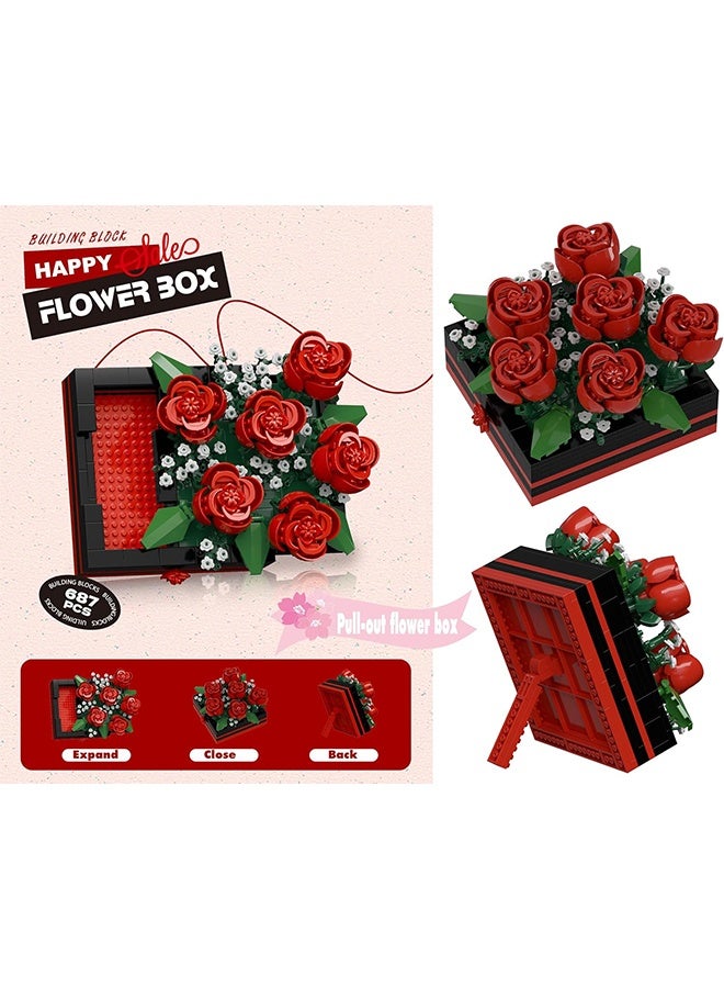 Organizer Flower Building Blocks Jewelry Box Can be Pushed and Pulled to Open Flower Centerpiece Building Blocks，Proposal Ring Box，Valentine's Day Gift Ideas Toys, Gifts,Romantic Whisper (Rose 687Pcs) - Image 4
