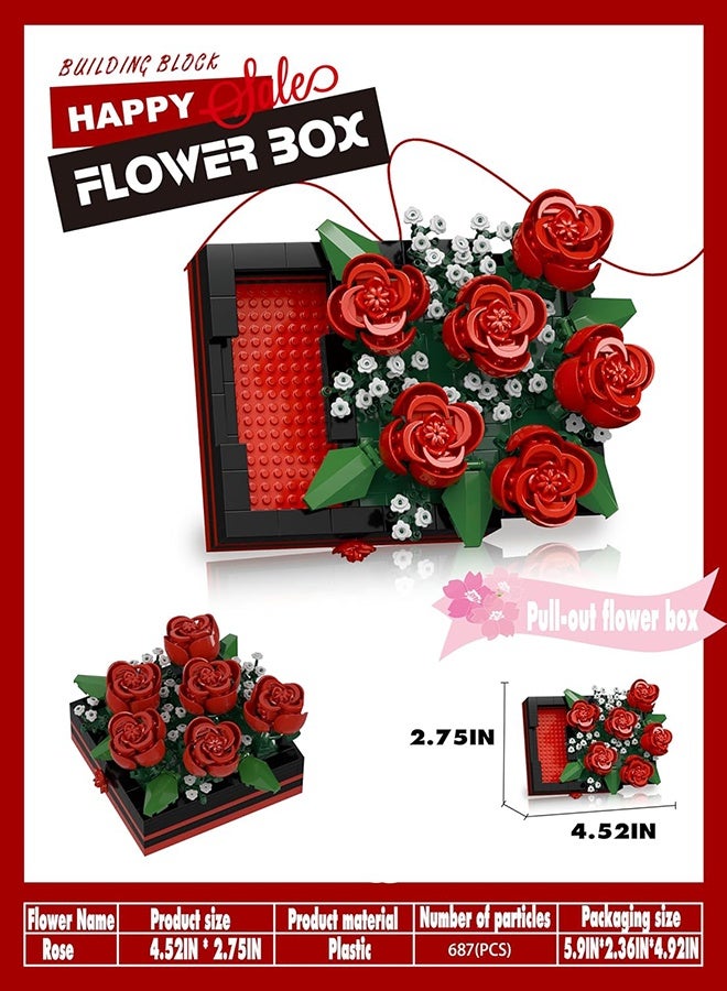 Organizer Flower Building Blocks Jewelry Box Can be Pushed and Pulled to Open Flower Centerpiece Building Blocks，Proposal Ring Box，Valentine's Day Gift Ideas Toys, Gifts,Romantic Whisper (Rose 687Pcs) - Image 2