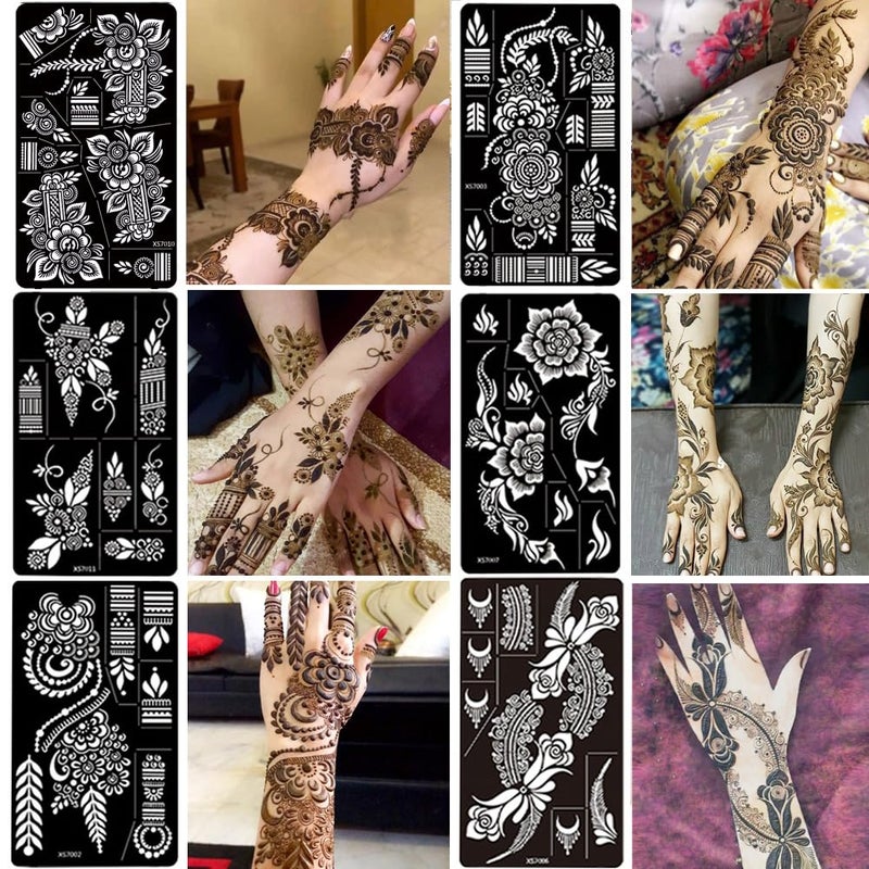 PPVWEY 12 Sheet Henna Tattoo Stencils kit, Temporary Tattoos Templates Hand Forearm Indian Airbrush Tattoo Stickers for Women Girls (Black) - Image 1