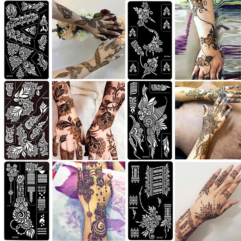 PPVWEY 12 Sheet Henna Tattoo Stencils kit, Temporary Tattoos Templates Hand Forearm Indian Airbrush Tattoo Stickers for Women Girls (Black) - Image 2