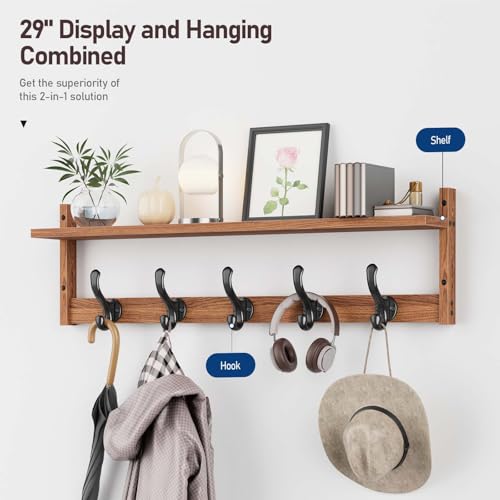 Tatub 29'' Coat Rack Wall Mount with Shelf, Wood Wall Hooks with Storage, Entryway Shelf with 5 Hangers for Bathroom, Living Room, Bedroom, Rustic Brown - Image 2