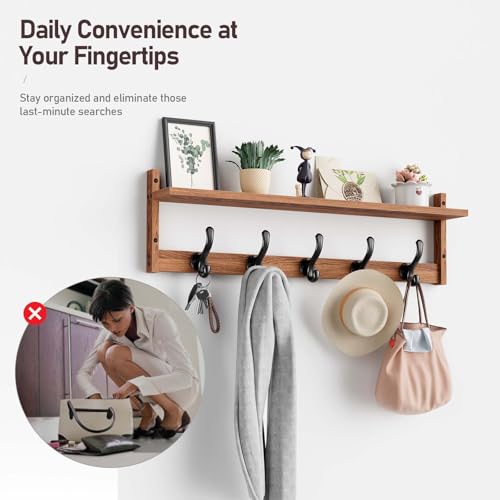 Tatub 29'' Coat Rack Wall Mount with Shelf, Wood Wall Hooks with Storage, Entryway Shelf with 5 Hangers for Bathroom, Living Room, Bedroom, Rustic Brown - Image 4