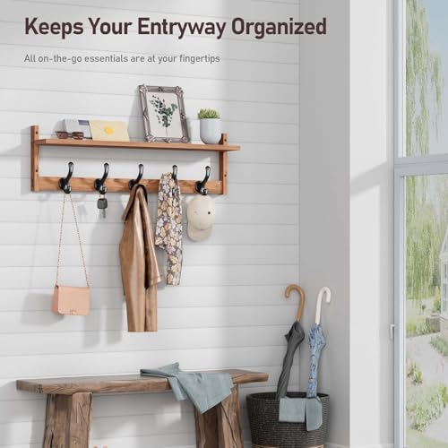 Tatub 29'' Coat Rack Wall Mount with Shelf, Wood Wall Hooks with Storage, Entryway Shelf with 5 Hangers for Bathroom, Living Room, Bedroom, Rustic Brown - Image 5