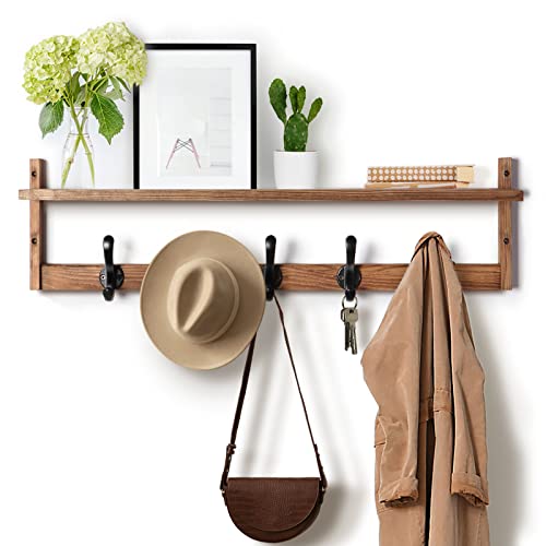 Tatub 29'' Coat Rack Wall Mount with Shelf, Wood Wall Hooks with Storage, Entryway Shelf with 5 Hangers for Bathroom, Living Room, Bedroom, Rustic Brown - Image 1