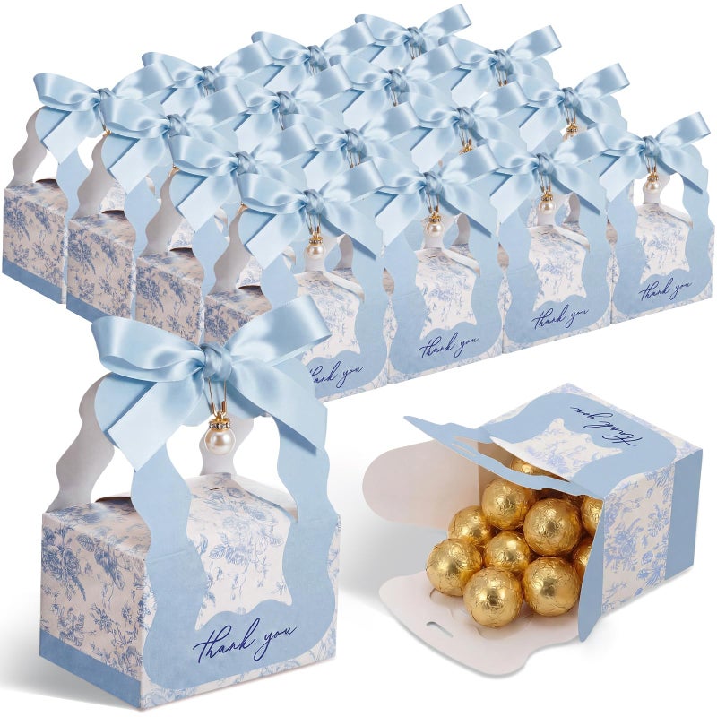 ForraFun 50 Sets Floral Wedding Favor Boxes with Pearl Pendant Bow Ribbon Floral Wedding Party Candy Boxes Bridal Gift for Guests Bridal Shower Birthday Party Anniversary Supplies(Blue) - Image 1