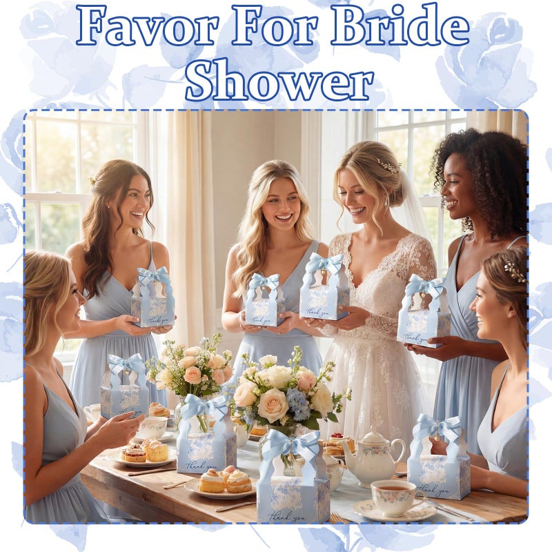 ForraFun 50 Sets Floral Wedding Favor Boxes with Pearl Pendant Bow Ribbon Floral Wedding Party Candy Boxes Bridal Gift for Guests Bridal Shower Birthday Party Anniversary Supplies(Blue) - Image 3