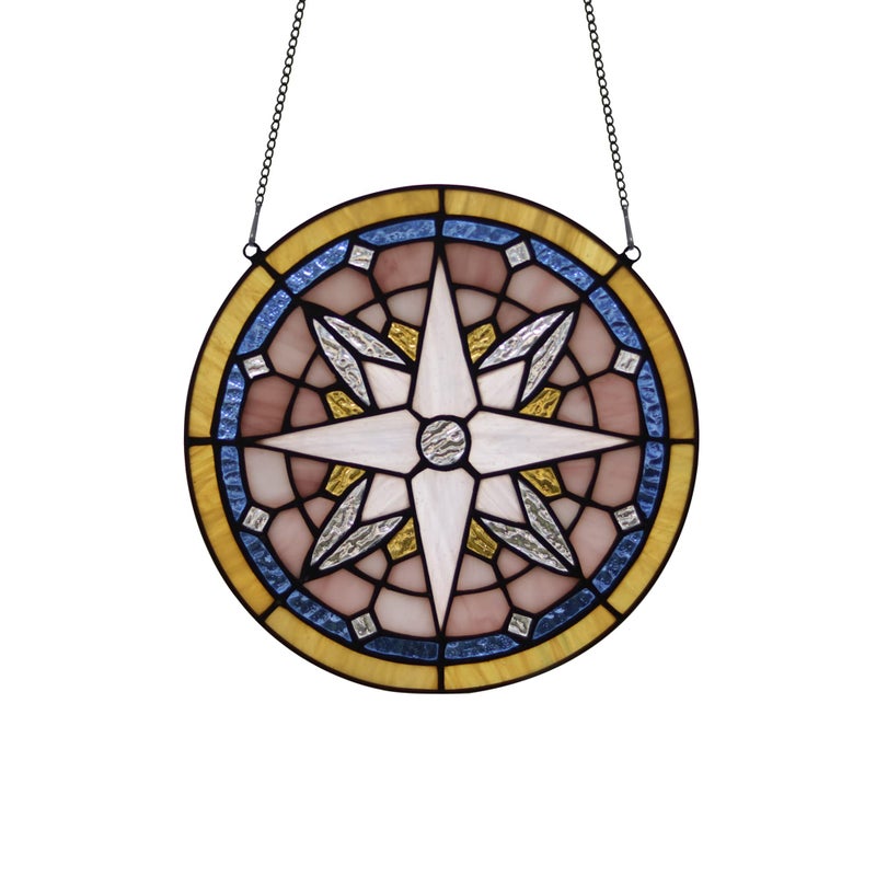 HAOSUM HAOSUM Compass Rose Stained Glass Window HangingsRound Nautical Compass Decoration Tiffany Style Boho Window Panels Compass Rose 