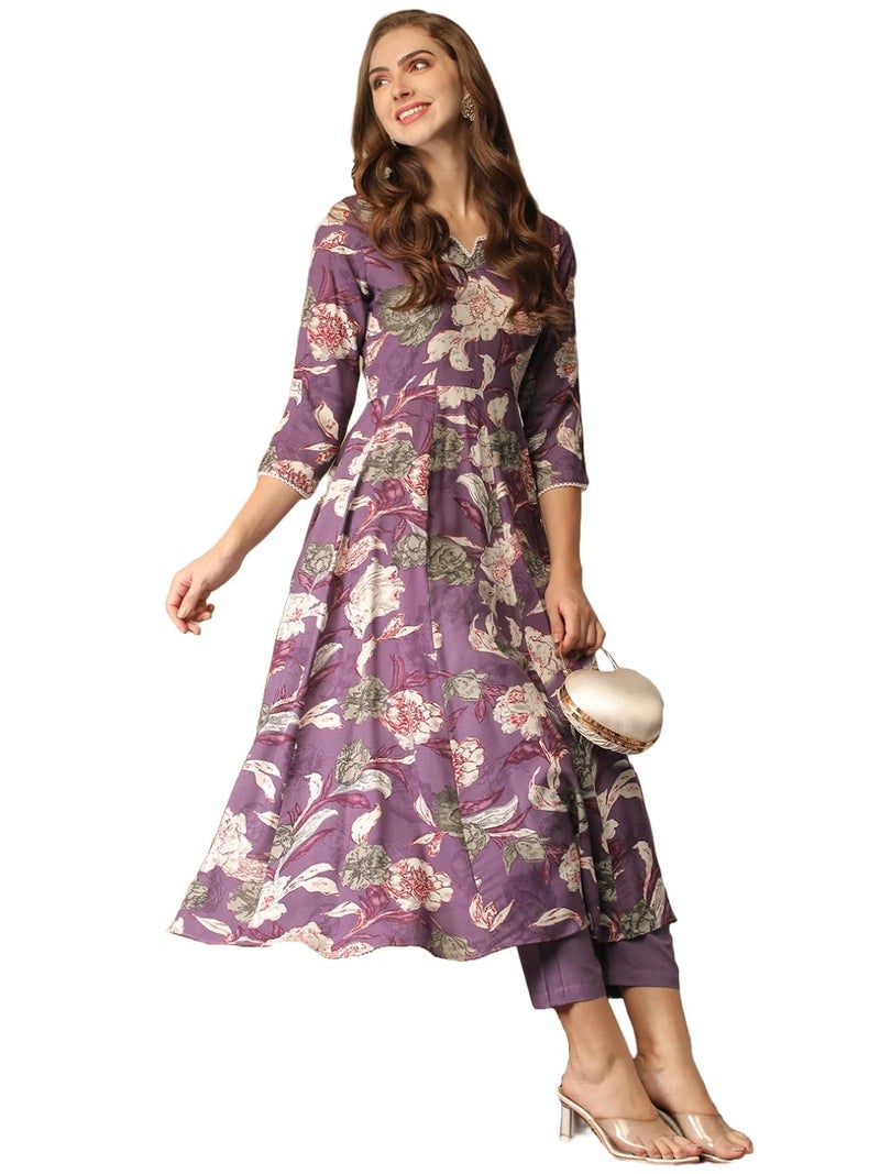 GoSriKi Women's Cotton Blend Anarkali Printed Kurta with Pant (Damian Purple-GS_4XL_Wine_XXXX-Large) - Image 1