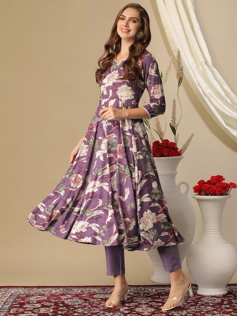 GoSriKi Women's Cotton Blend Anarkali Printed Kurta with Pant (Damian Purple-GS_4XL_Wine_XXXX-Large) - Image 3