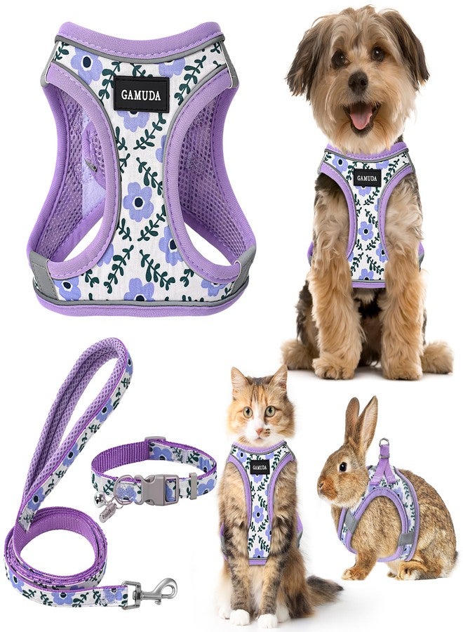 GAMUDA Small Dog Harness Collar and Leash Set, Step in No Chock No Pull Soft Mesh Adjustable Dog Vest Harnesses Plaid Reflective for Dogs Puppy Cats Kitten Rabbit (Purple Flower, XS) - Image 1