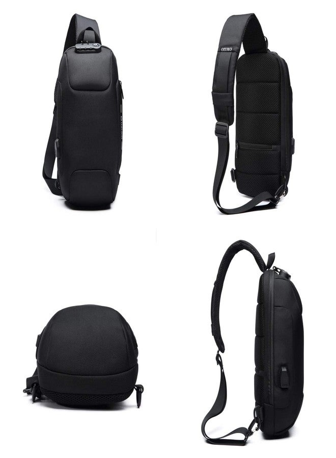 أوزوكو حقيبة ظهر رجالية من أوزوكو، مصنوعة من النايلون المقاوم للماء، تُحمل على الكتف أو الصدر أو الجسم، مزودة بمنفذ شحن USB، متوفرة باللونين الأسود والأزرق. - Image 4