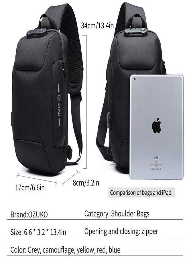 أوزوكو حقيبة ظهر رجالية من أوزوكو، مصنوعة من النايلون المقاوم للماء، تُحمل على الكتف أو الصدر أو الجسم، مزودة بمنفذ شحن USB، متوفرة باللونين الأسود والأزرق. - Image 3