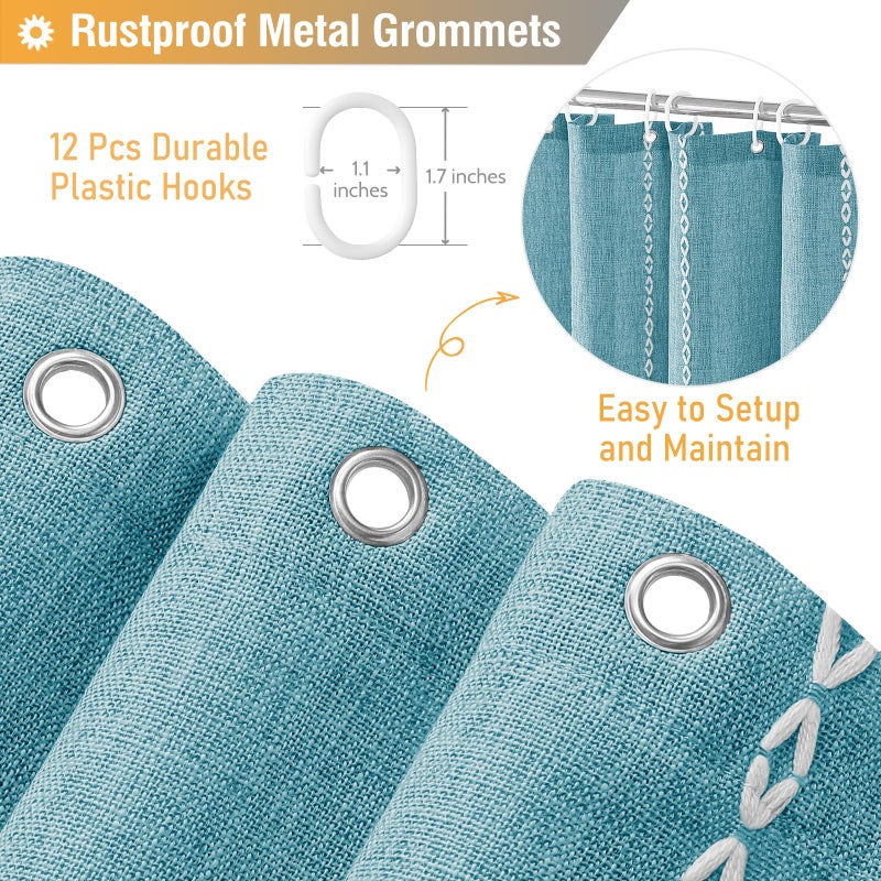 BTTN Boho Farmhouse Shower Curtain, Rustic Thick Striped Linen Fabric Shower Curtains Sets with Tassel, Water Resistant, Modern Aesthetic Vintage Shower Curtain with Hooks for Bathroom, 72x72, Teal - Image 5