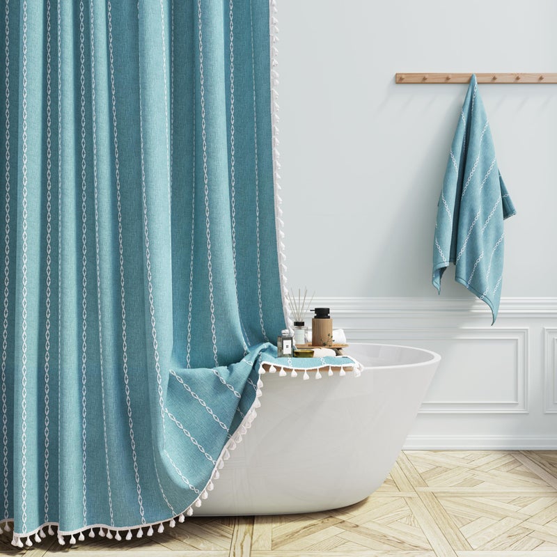 BTTN Boho Farmhouse Shower Curtain, Rustic Thick Striped Linen Fabric Shower Curtains Sets with Tassel, Water Resistant, Modern Aesthetic Vintage Shower Curtain with Hooks for Bathroom, 72x72, Teal - Image 1