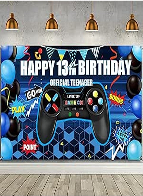 Happy 13th Birthday Video Game Backdrop Banner, Level 13 Up Birthday Background with Game Controller Print Gaming Theme for Photography, Photo Props, Video Game Party Wall Decoration (Blue)