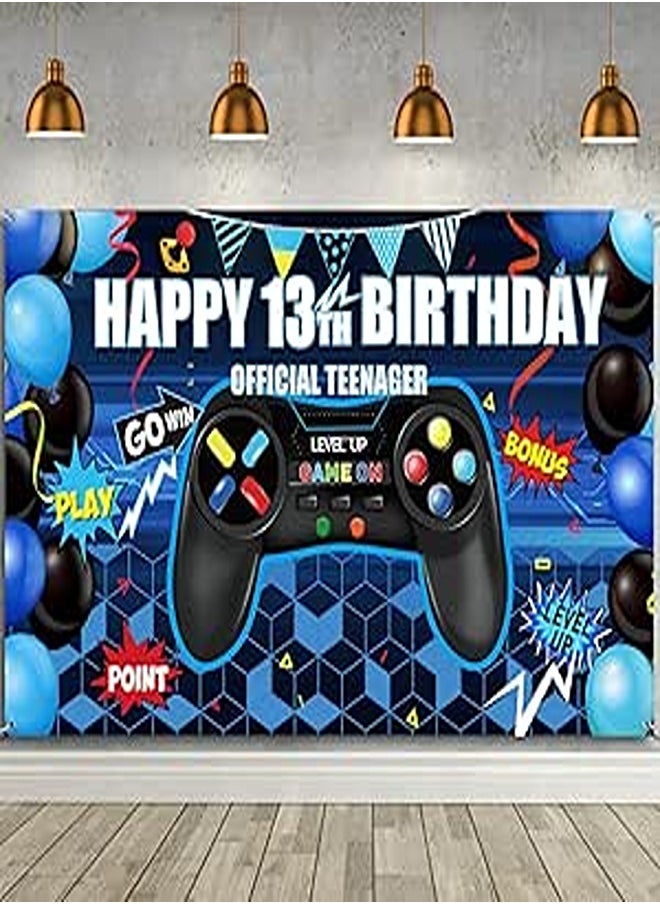 null - Happy 13th Birthday Video Game Backdrop Banner, Level 13 Up Birthday Background with Game Controller Print Gaming Theme for Photography, Photo Props, Video Game Party Wall Decoration (Blue) - Image 1