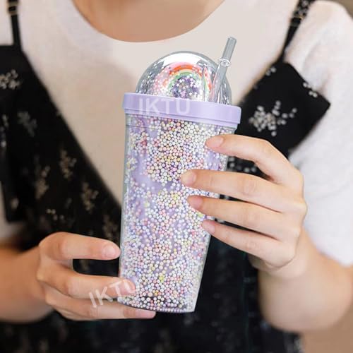 IKTU 550ml Sipper Double Wall Rainbow Water Bottle For Girls Shiny Glitter Tumbler | For Girls & Boys, School & Coaching | Gift For Kids, Plastic (Pack of 1) (Purple) - Image 2