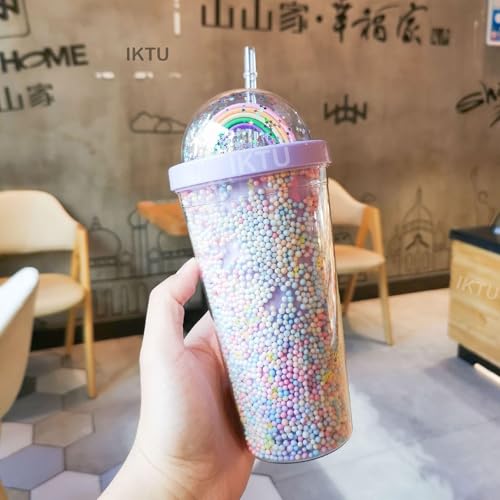 IKTU 550ml Sipper Double Wall Rainbow Water Bottle For Girls Shiny Glitter Tumbler | For Girls & Boys, School & Coaching | Gift For Kids, Plastic (Pack of 1) (Purple) - Image 1