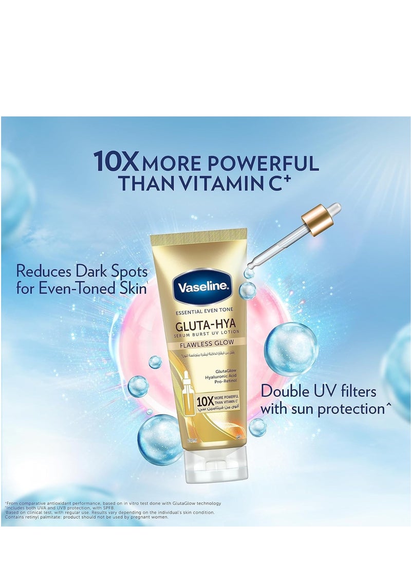 Vaseline Essential Even Tone Body Lotion with moisturising petroleum jelly, Flawless Glow, Gluta-Hya Serum Burst UV, 10X More Powerful than Vitamin C, 200ml - Image 2