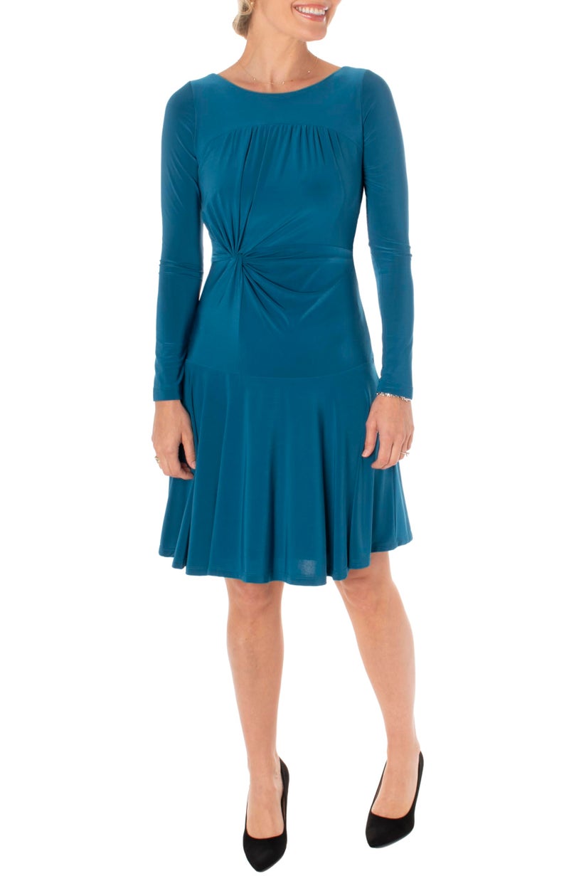 Taylor Women's Knee Length Knotted Long Sleeve A-Line Dress, Aegean Teal