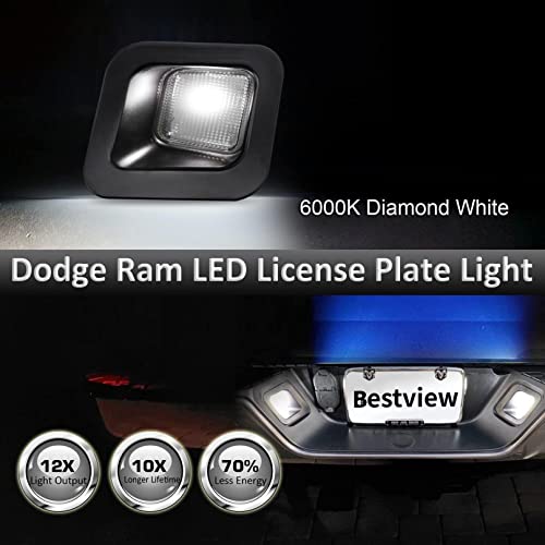 Bestview LED License Plate Light Lamp with Black Housing 6000K White Bulbs Clip Retainer Socket For 2003-2018 Dodge RAM 1500 2500 3500 Pickup Truck Tag Lights Assembly Replacement,2pcs - Image 2