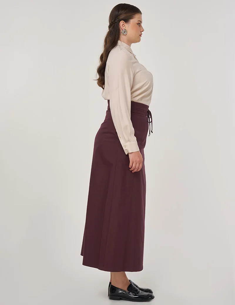 Kayra Lace-Up A-Line Skirt in Dark Burgundy