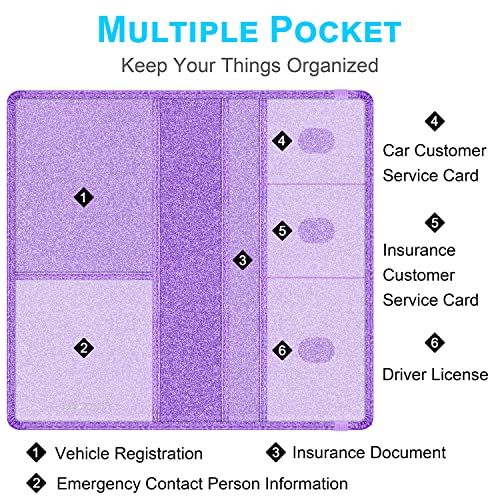 Wisdompro Car Registration and Insurance Holder Premium Glitter PU Leather Vehicle Glove Box Organizers Wallet for Document, License, Card and Other Essentials - Bling Purple - Image 2