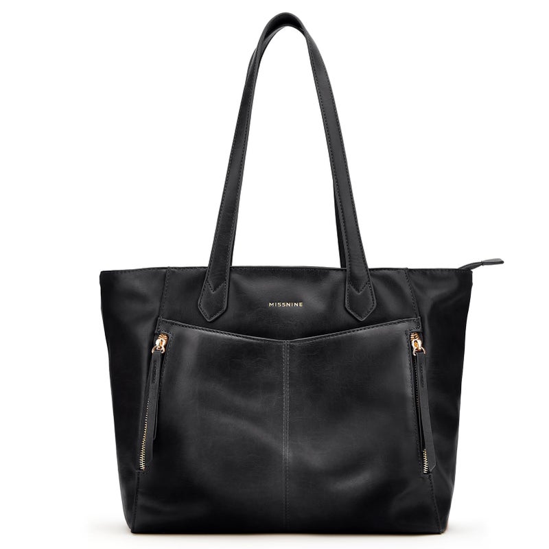 Missnine Tote Bag for Women with Zipper, Small Leather Purse and Handbags, Ladies Top-handle Shoulder Bags for Work, Casual, Travel, Black - Image 1