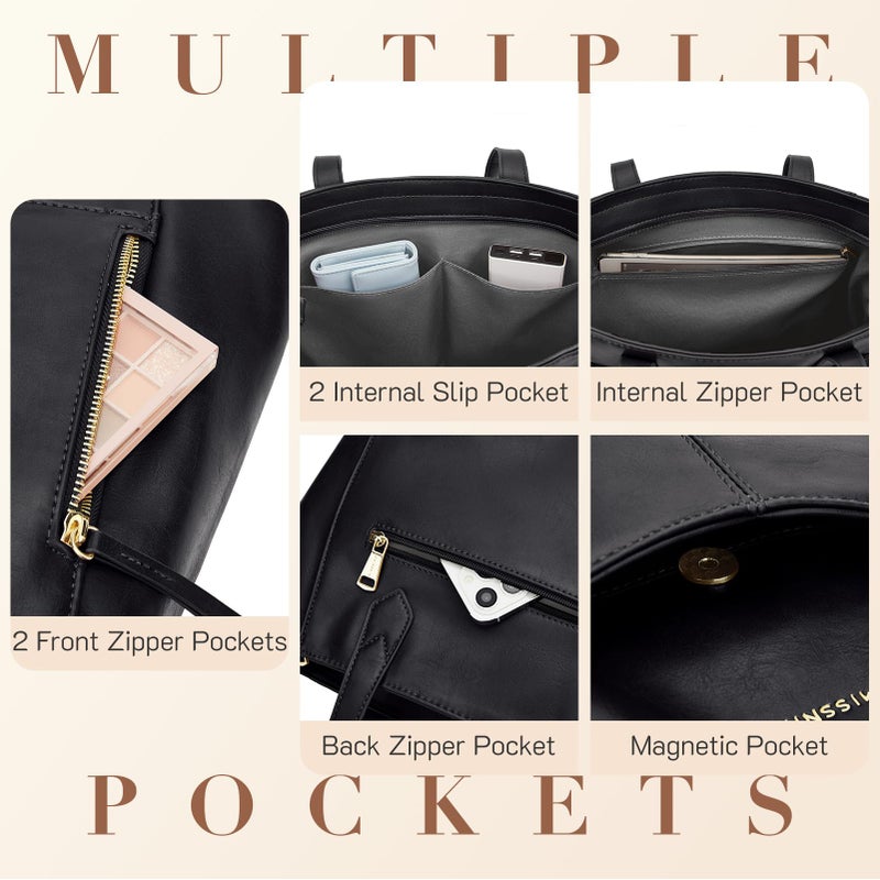 Missnine Tote Bag for Women with Zipper, Small Leather Purse and Handbags, Ladies Top-handle Shoulder Bags for Work, Casual, Travel, Black - Image 4