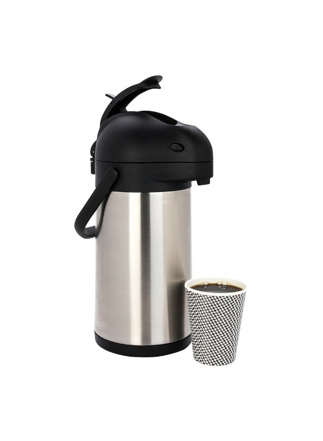 Restaurantware Met Lux 2.2 Liter Coffee Dispenser, 1 Pump Lever Coffee Pump Dispenser - 24 Hour Heat Retention, Built-In Handle, Silver Stainless Steel Airpot Thermal Coffee Carafe, For Airports - Image 2