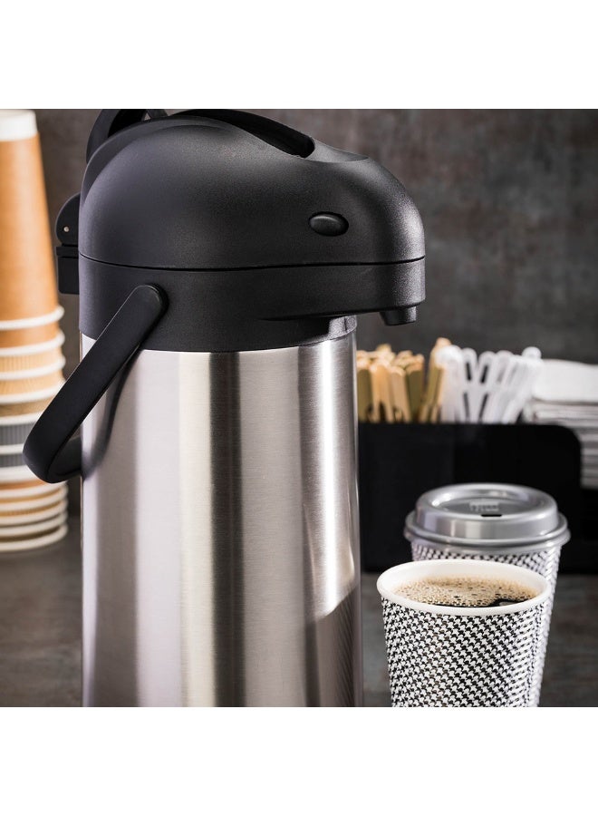 Restaurantware Met Lux 2.2 Liter Coffee Dispenser, 1 Pump Lever Coffee Pump Dispenser - 24 Hour Heat Retention, Built-In Handle, Silver Stainless Steel Airpot Thermal Coffee Carafe, For Airports - Image 3