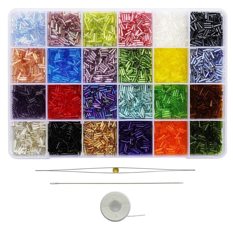 BALABEAD Size 6mm Glass Bugle Beads with Beading Needles About 7200pcs in Box24 Multicolor Assortment Length 6mm Tube Beads for Jewelry Making 300pcsColor 24 Colors